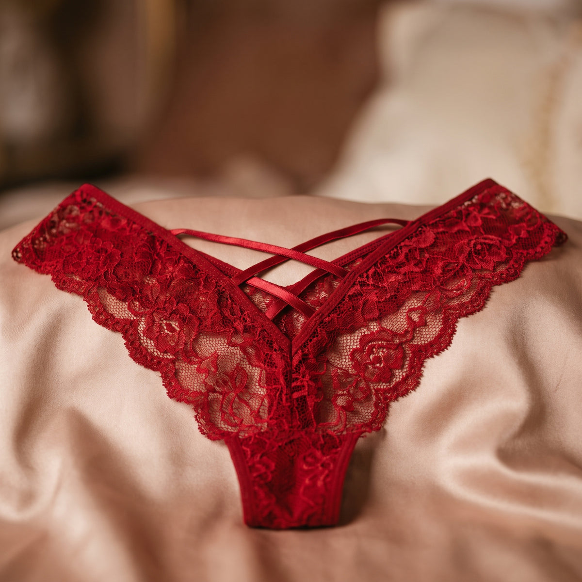 Le string assorti en dentelle rouge et son croisillon de rubans