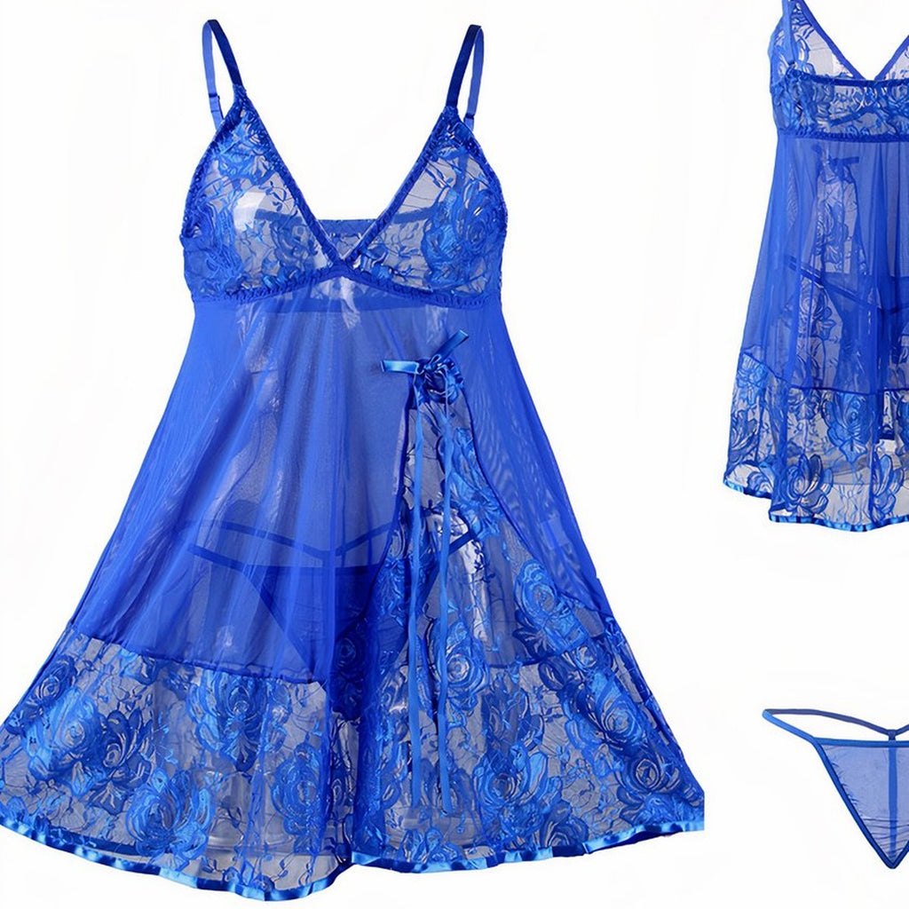 Nuisette sexy grande taille dentelle bleue détail