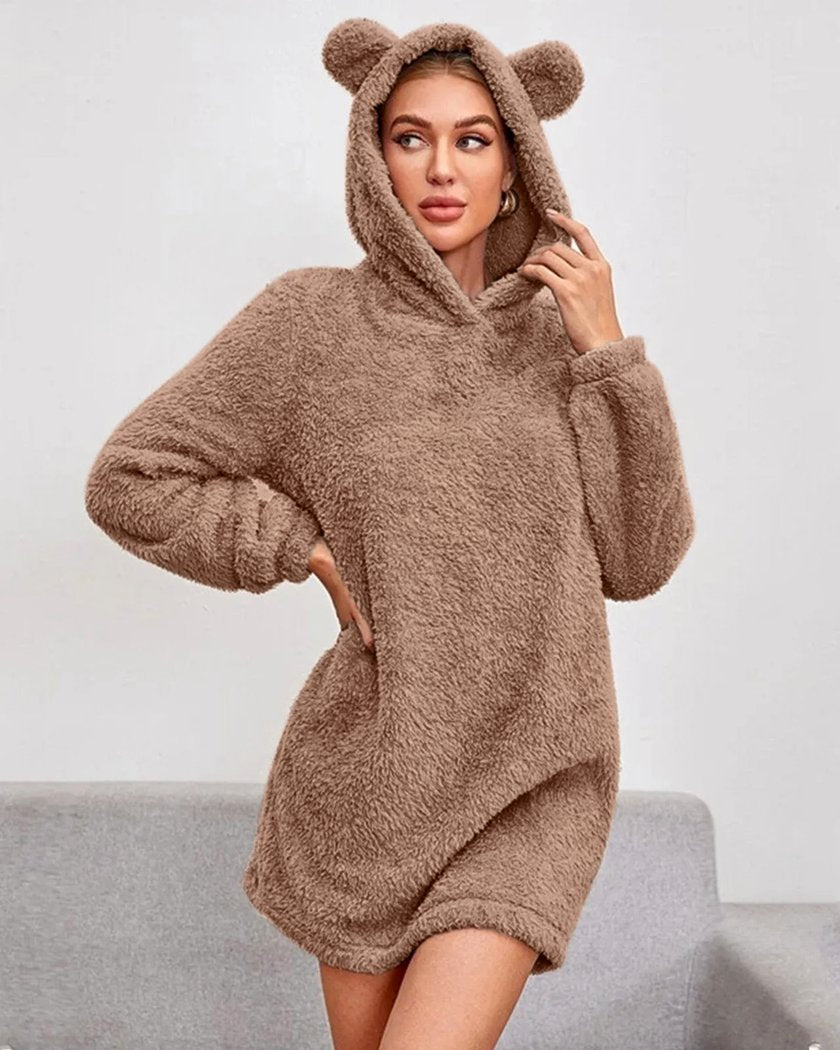 Chemise de Nuit Peluche à Capuche Oreilles d'Ours