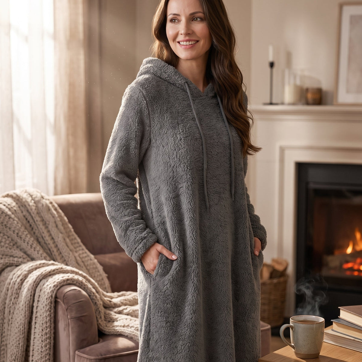 Un cocon de douceur — Chemise de nuit longue à capuche en polaire