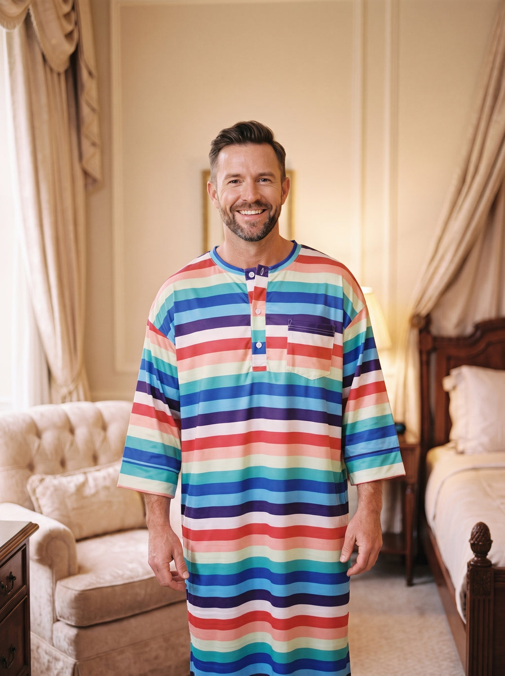 Homme souriant portant la chemise de nuit homme longue rayée multicolore à manches longues
