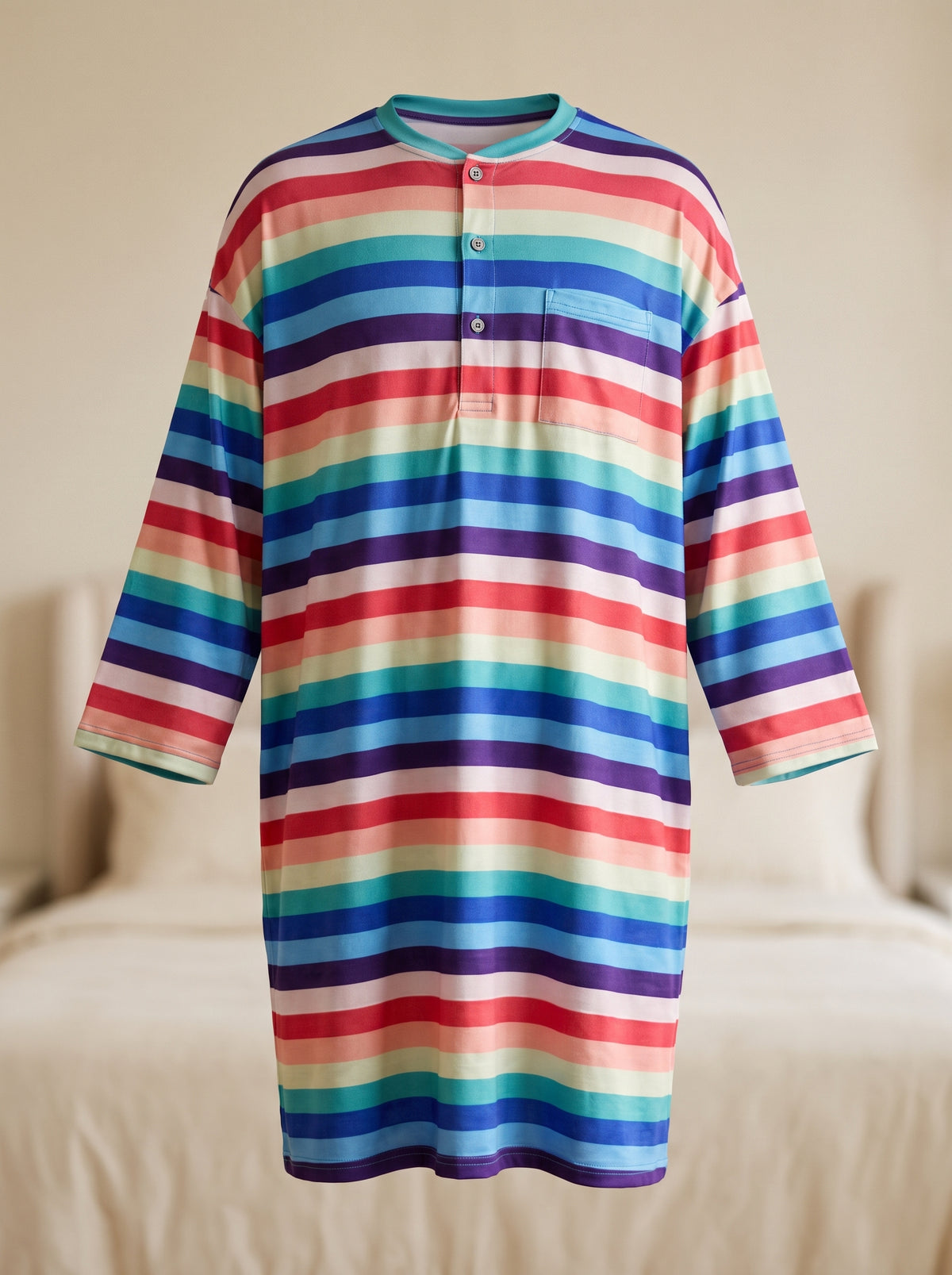 Chemise de nuit homme longue rayée multicolore vue entière, du col à l'ourlet