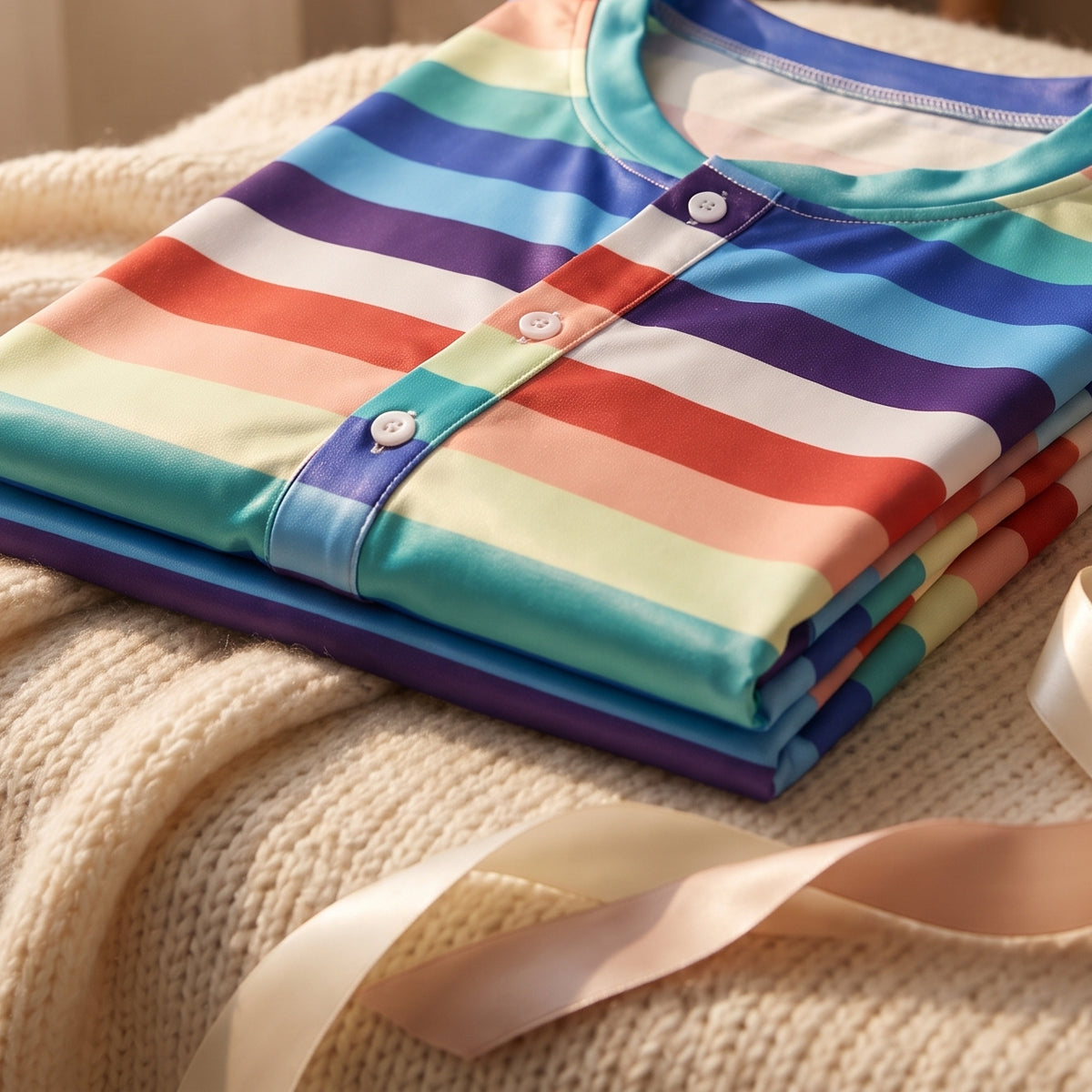 Chemise de nuit rayée multicolore pliée sur un lit, un ruban posé à côté