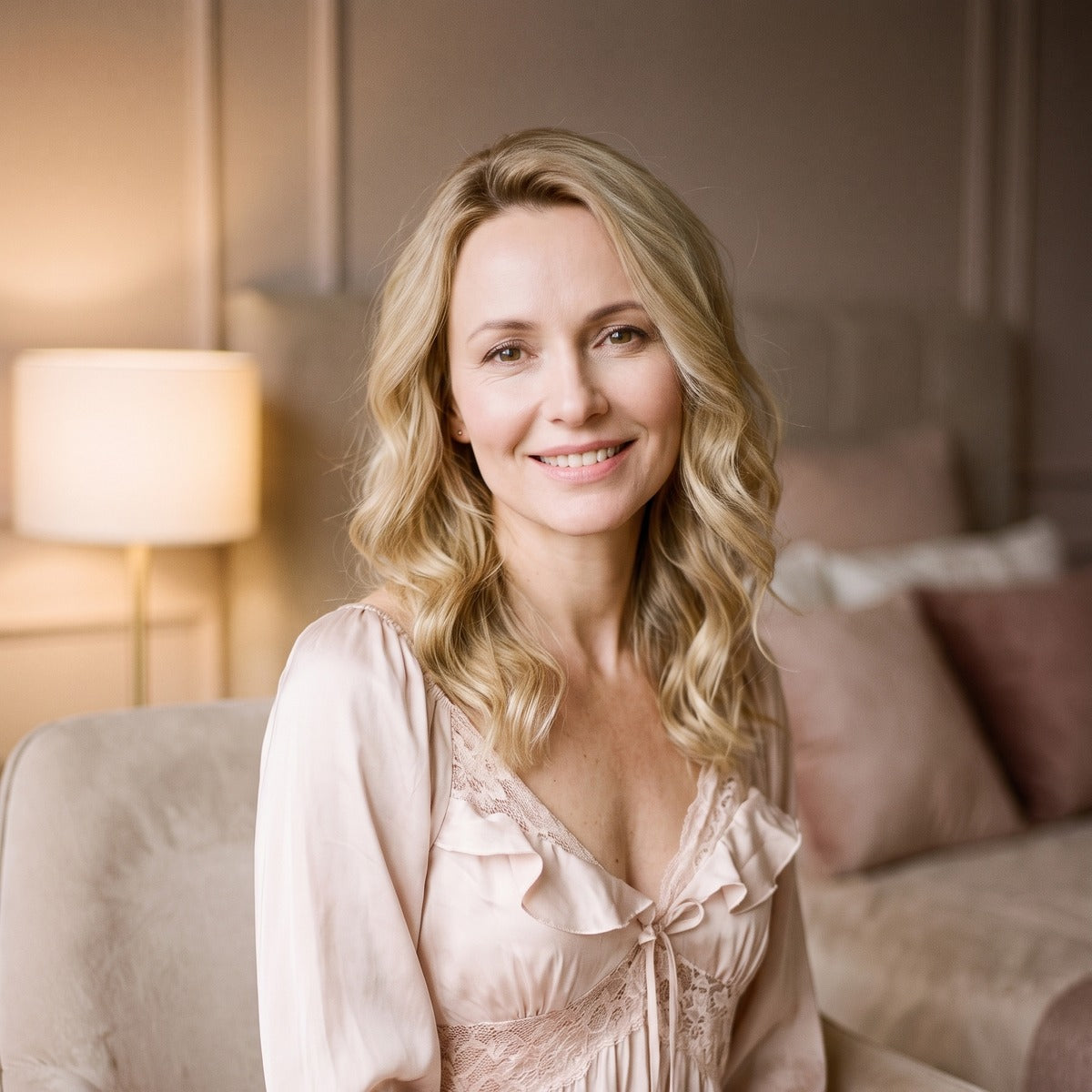 Gros plan sur le visage et le decollete en V de la chemise de nuit rose