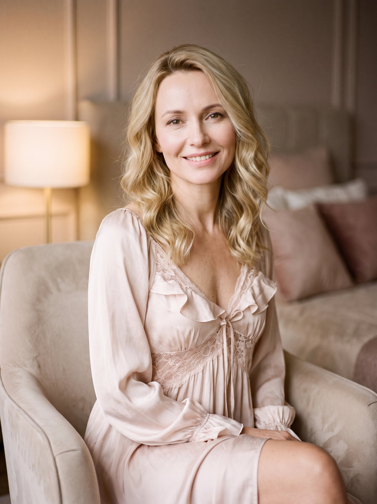 Chemise de nuit rose portee par une femme souriante dans un boudoir creme
