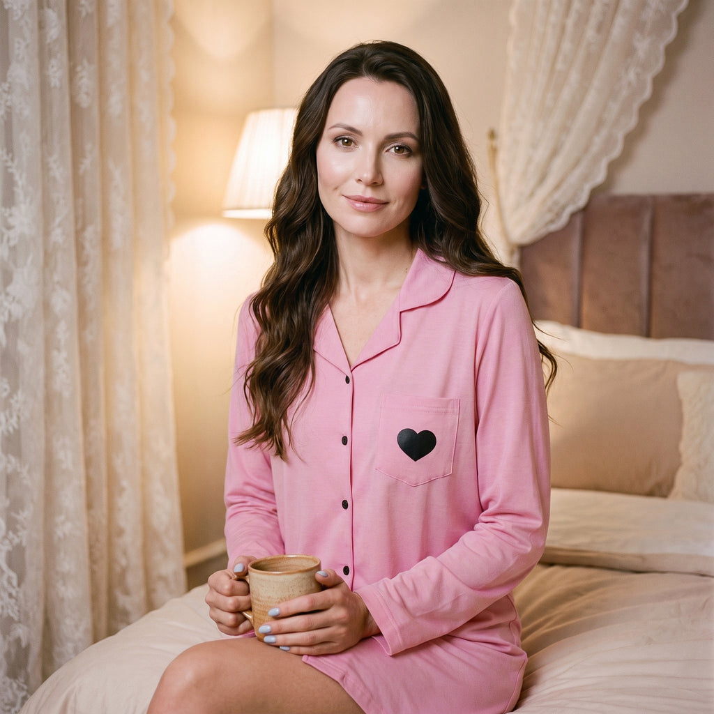 Ligne rose boutonnée de la chemise de nuit et poche de poitrine à cœur noir