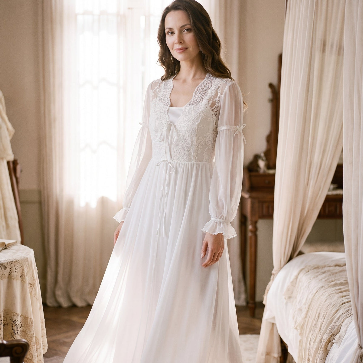 Une allure de princesse romantique — Chemise de Nuit Longue Romantique Blanche en Dentelle