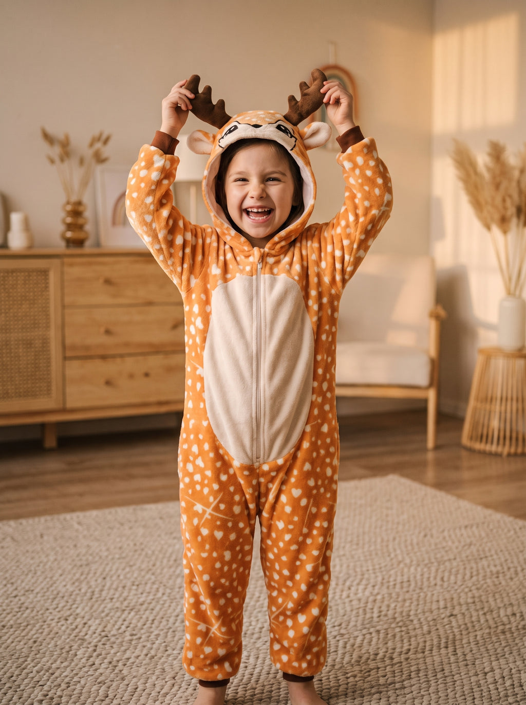 Petite fille portant la combinaison pyjama faon orange a pois
