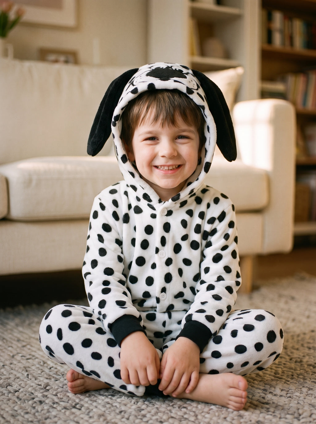 Petit garcon portant la combinaison pyjama dalmatien blanc a pois noirs