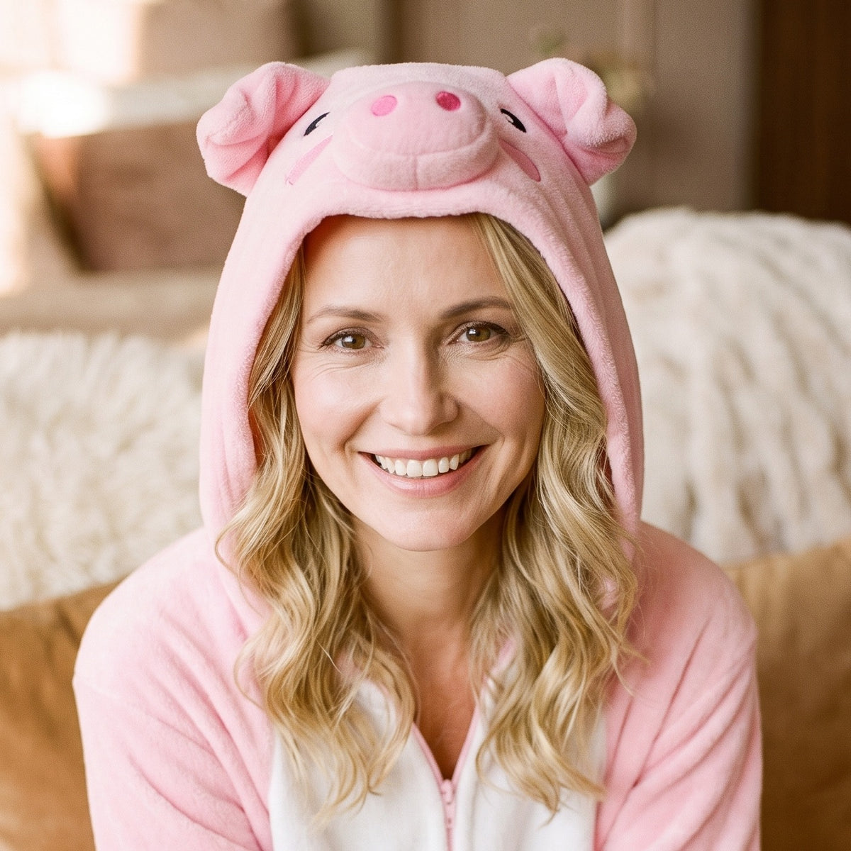 Gros plan sur la capuche à oreilles de cochon de la combinaison pyjama