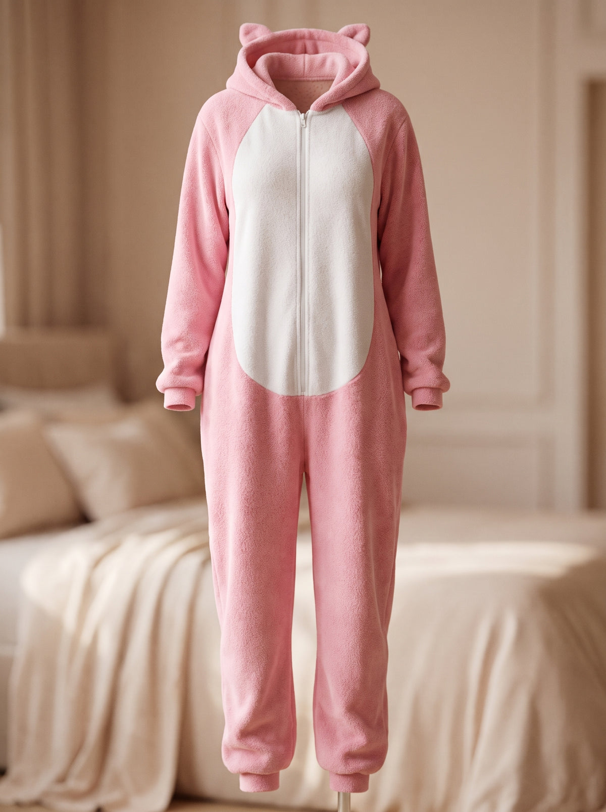 Combinaison pyjama cochon rose présentée sur mannequin invisible