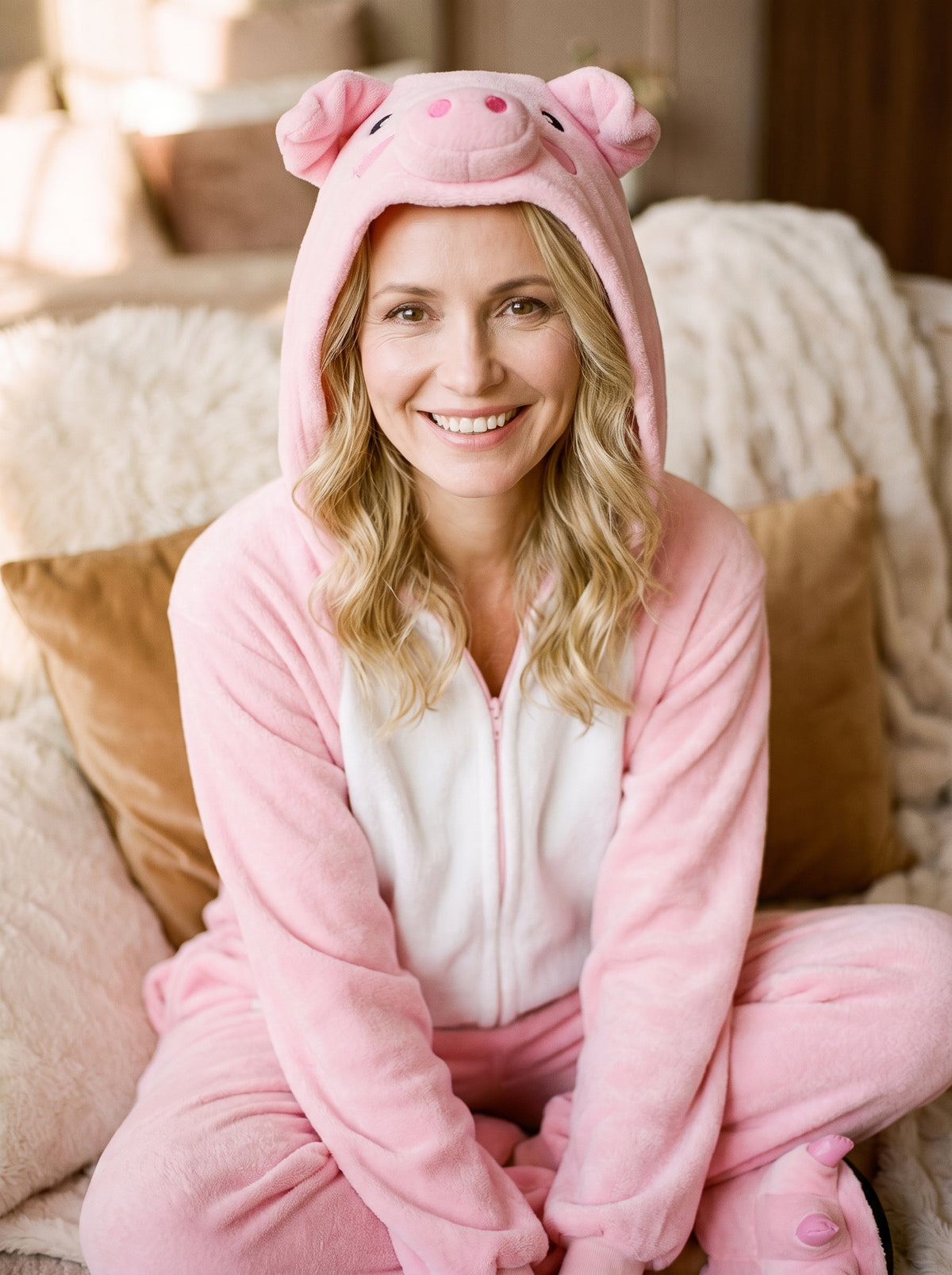Porté modèle souriant de la combinaison pyjama cochon rose à capuche