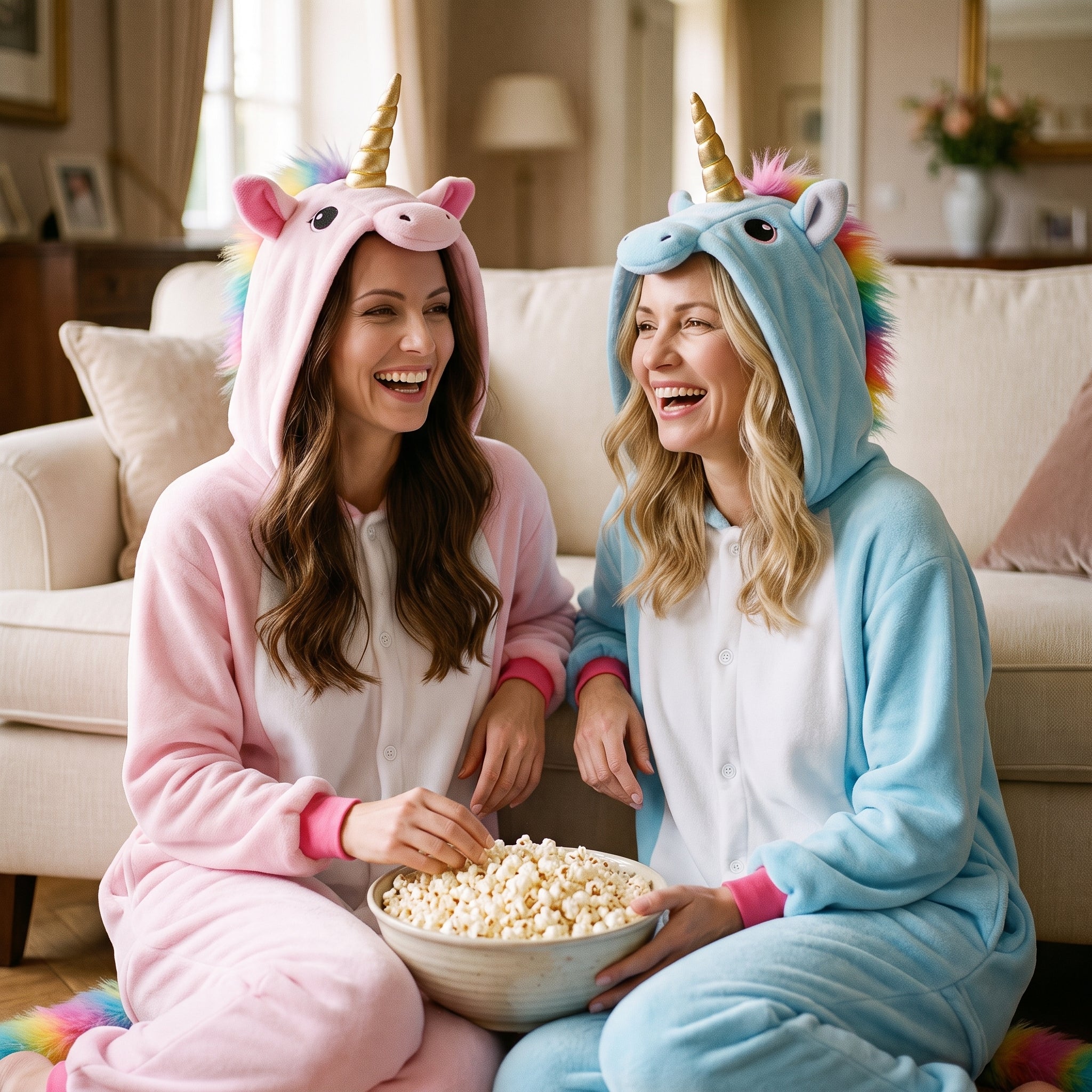 Deux amies en combinaison pyjama licorne devant un film, un bol de pop-corn Image