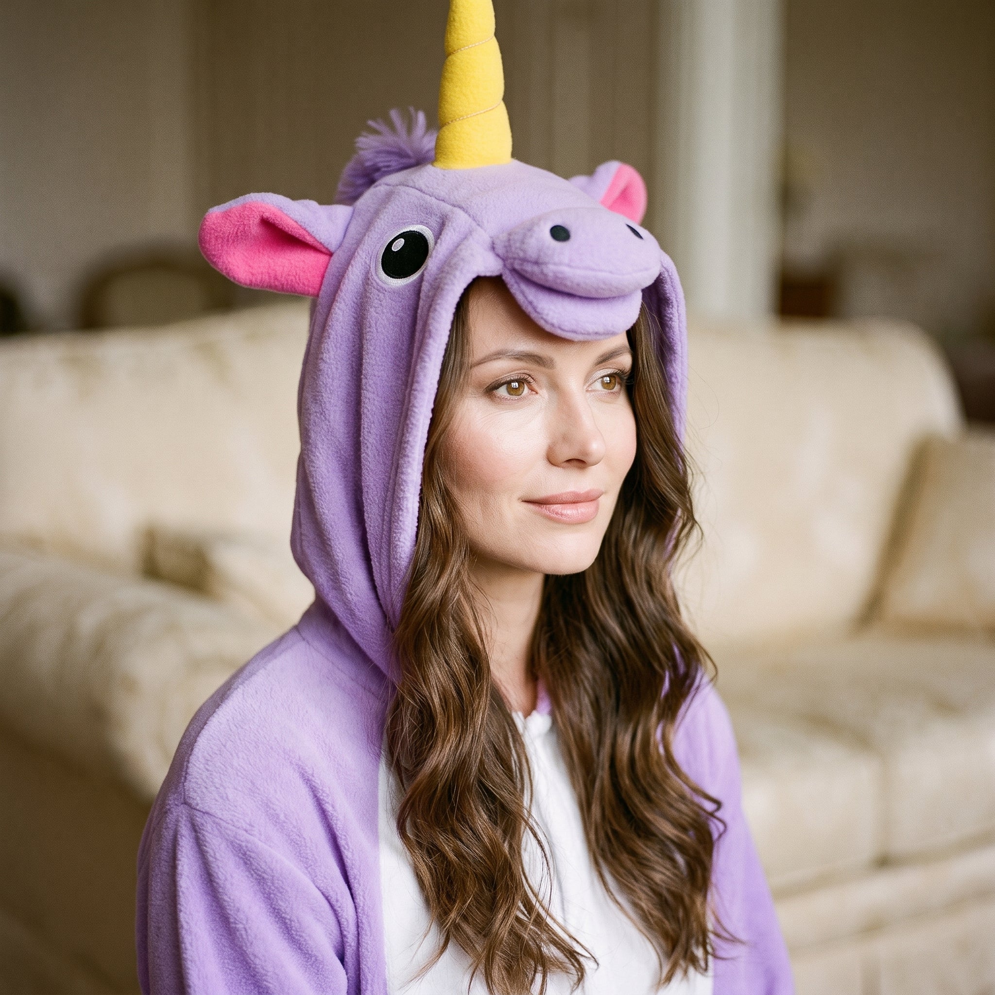 Gros plan sur la capuche licorne relevee, sa corne doree et sa criniere Image