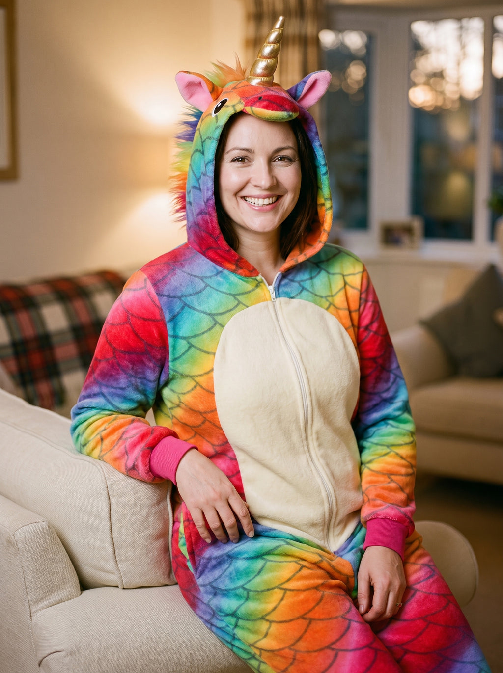 Femme portant la combinaison pyjama licorne arc-en-ciel, assise