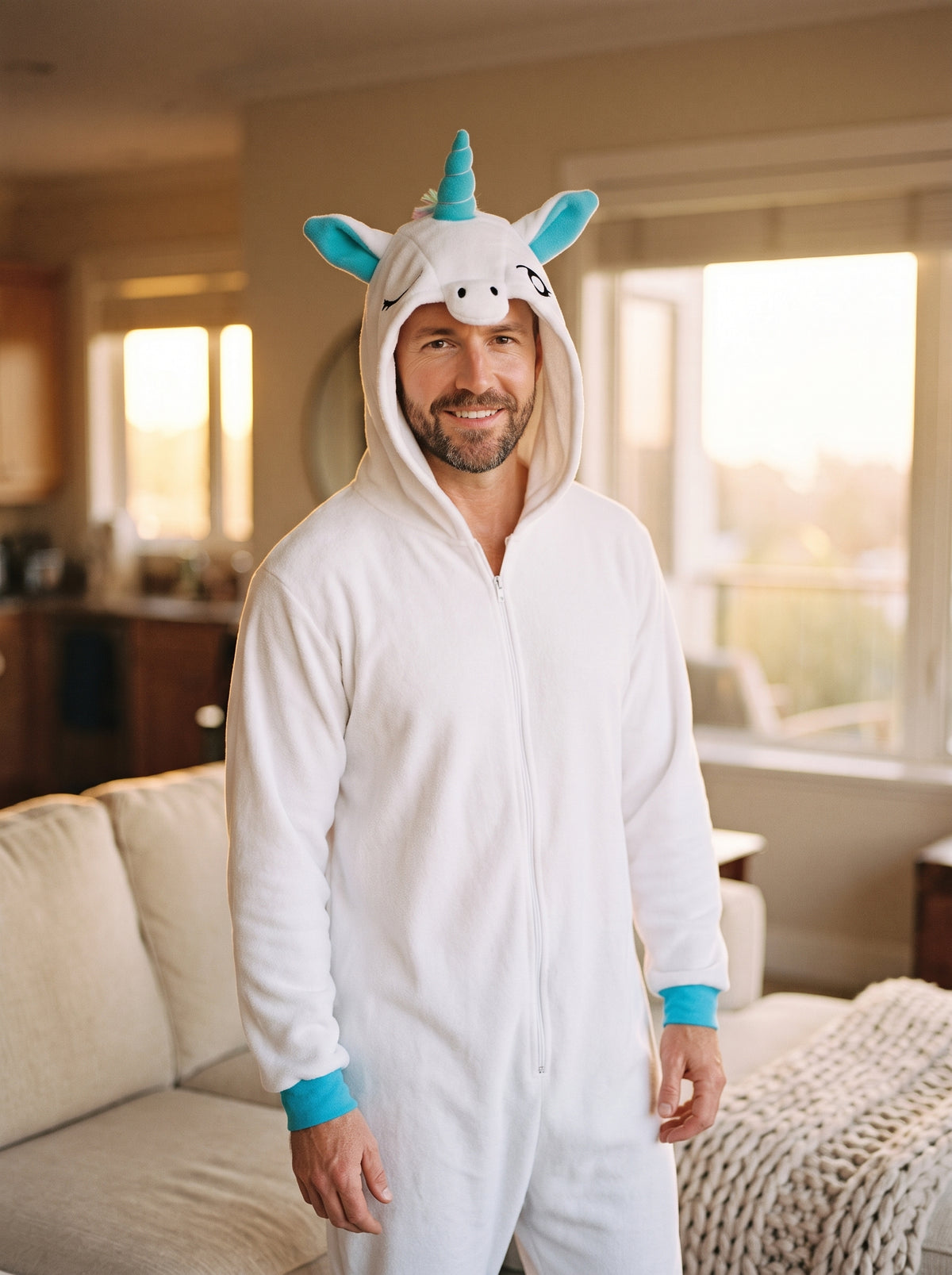 Homme portant la combinaison pyjama licorne blanche a capuche