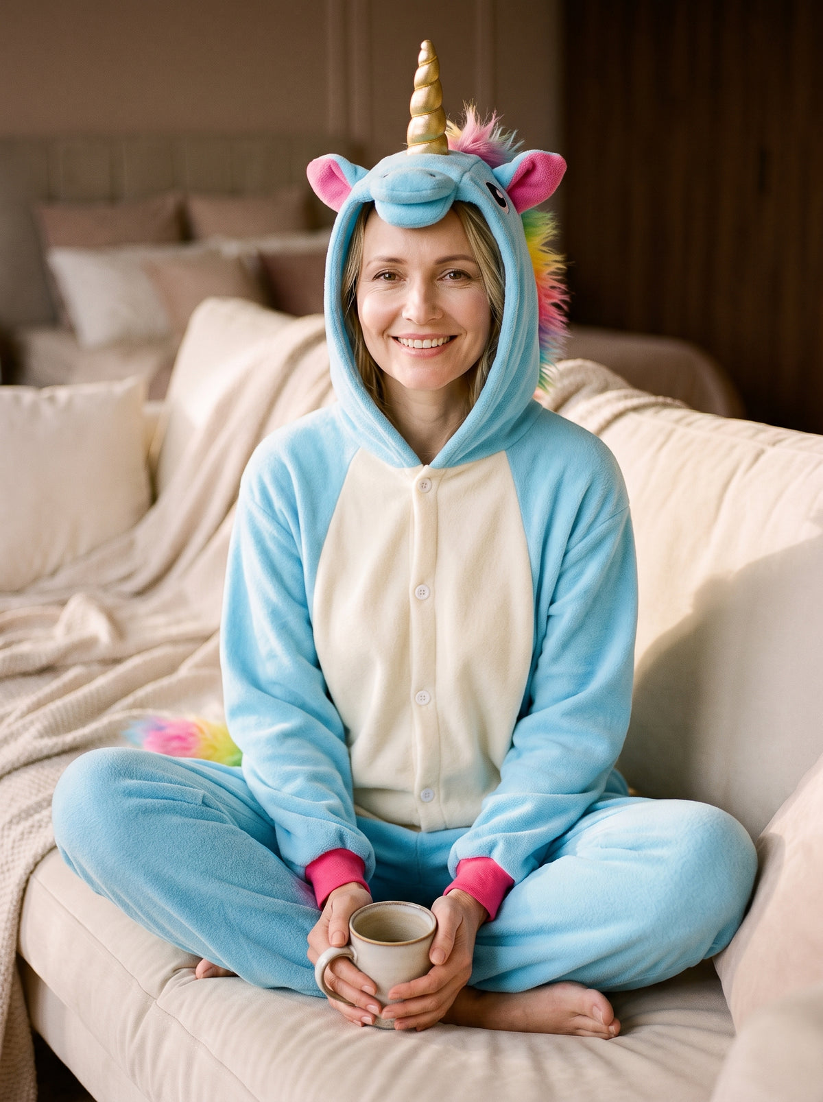 Femme portant la combinaison pyjama licorne bleu ciel, assise en tailleur