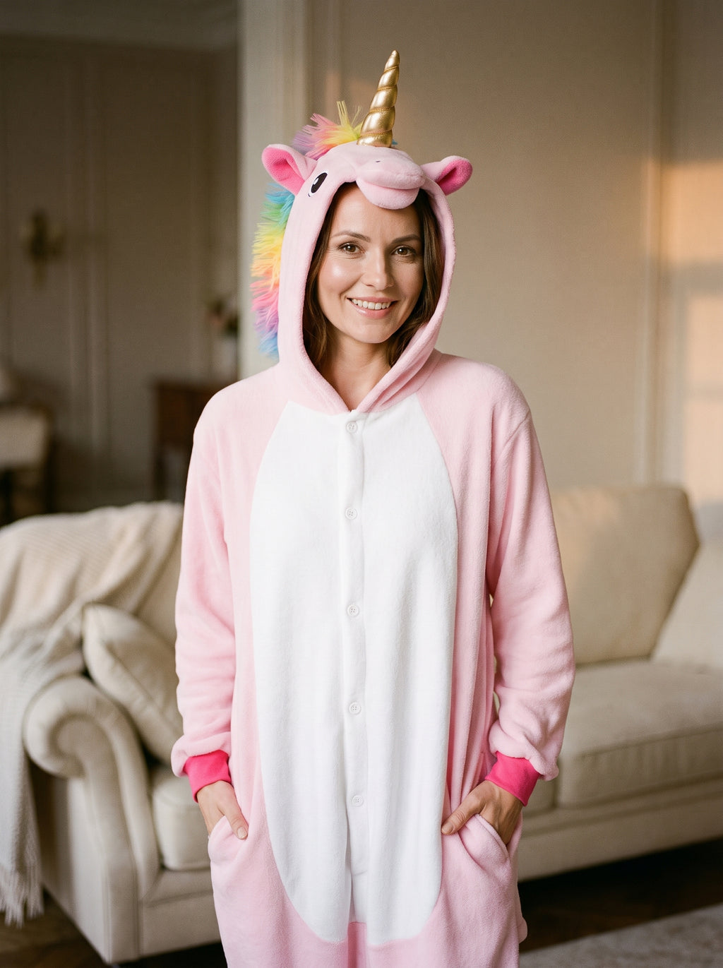 Femme portant la combinaison pyjama licorne rose a capuche, debout