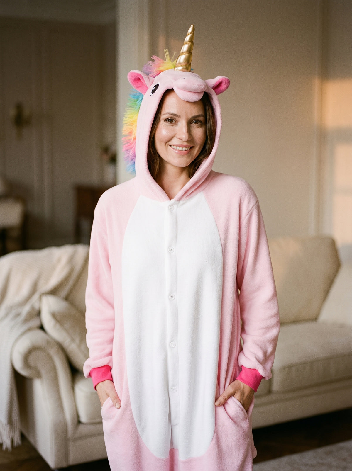 Femme portant la combinaison pyjama licorne rose a capuche, debout