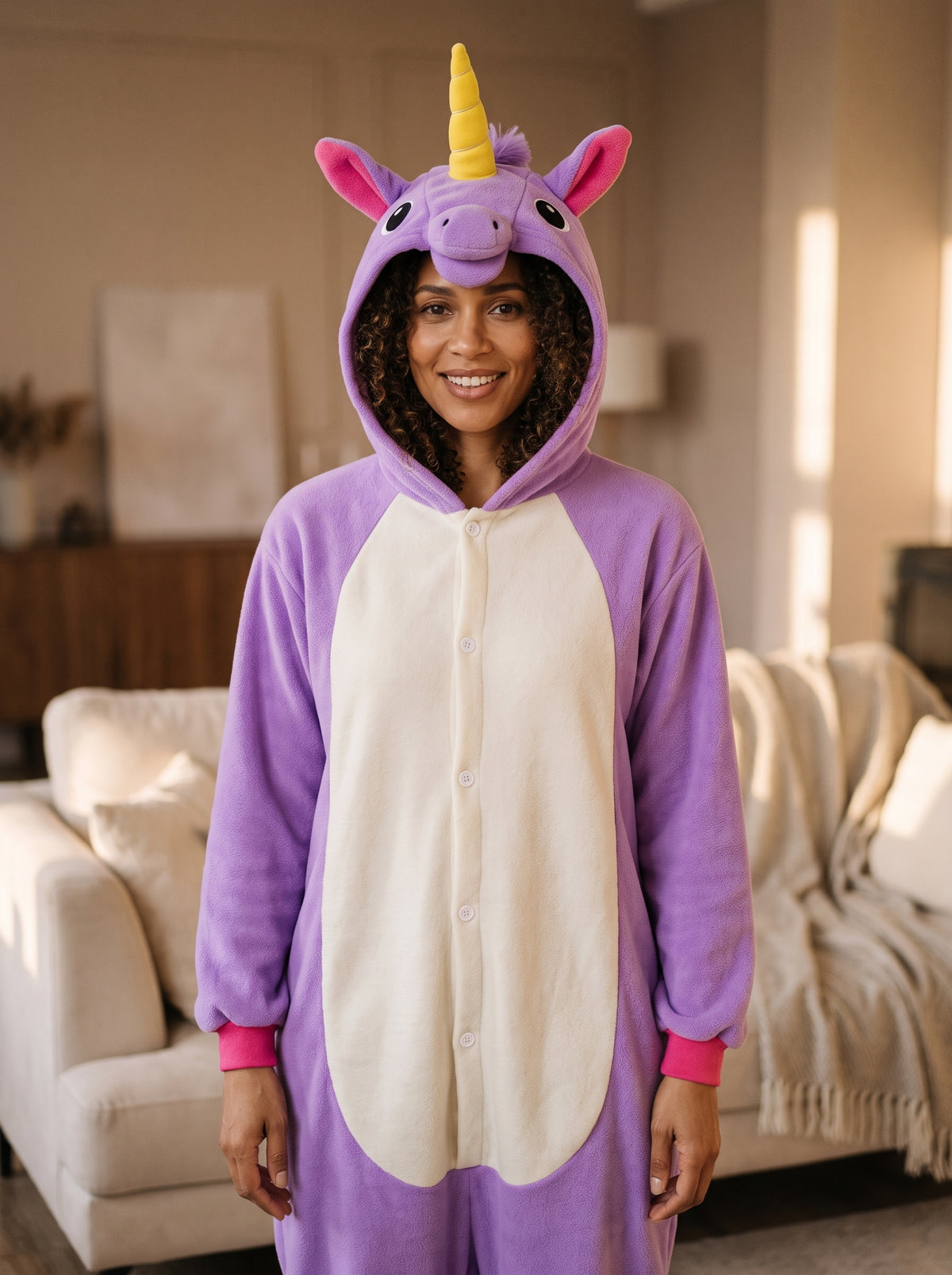 Femme portant la combinaison pyjama licorne violette, debout de face