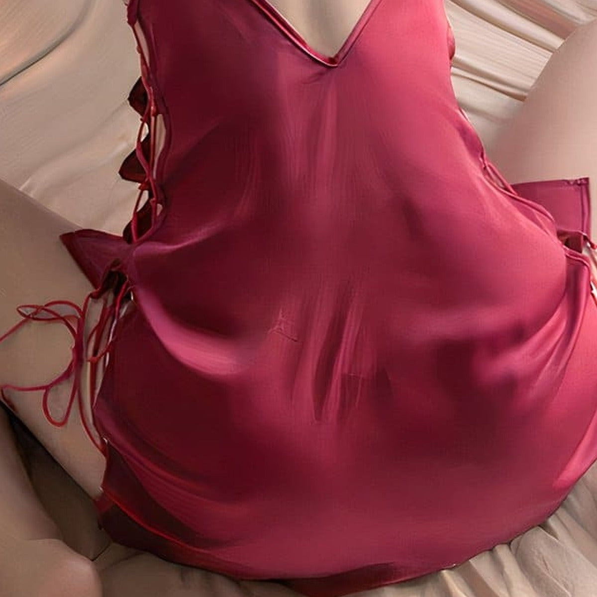 Detail du lacage croise sur le cote de la nuisette rouge