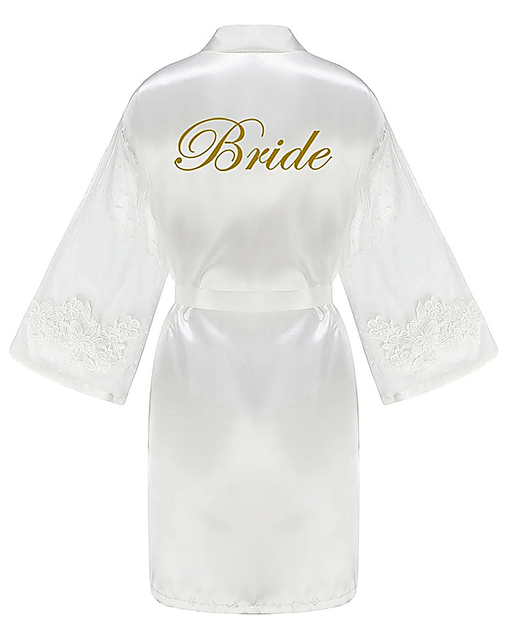 Dos du peignoir blanc, le mot Bride en lettres dorées, calligraphie anglaise ornée à grande boucle