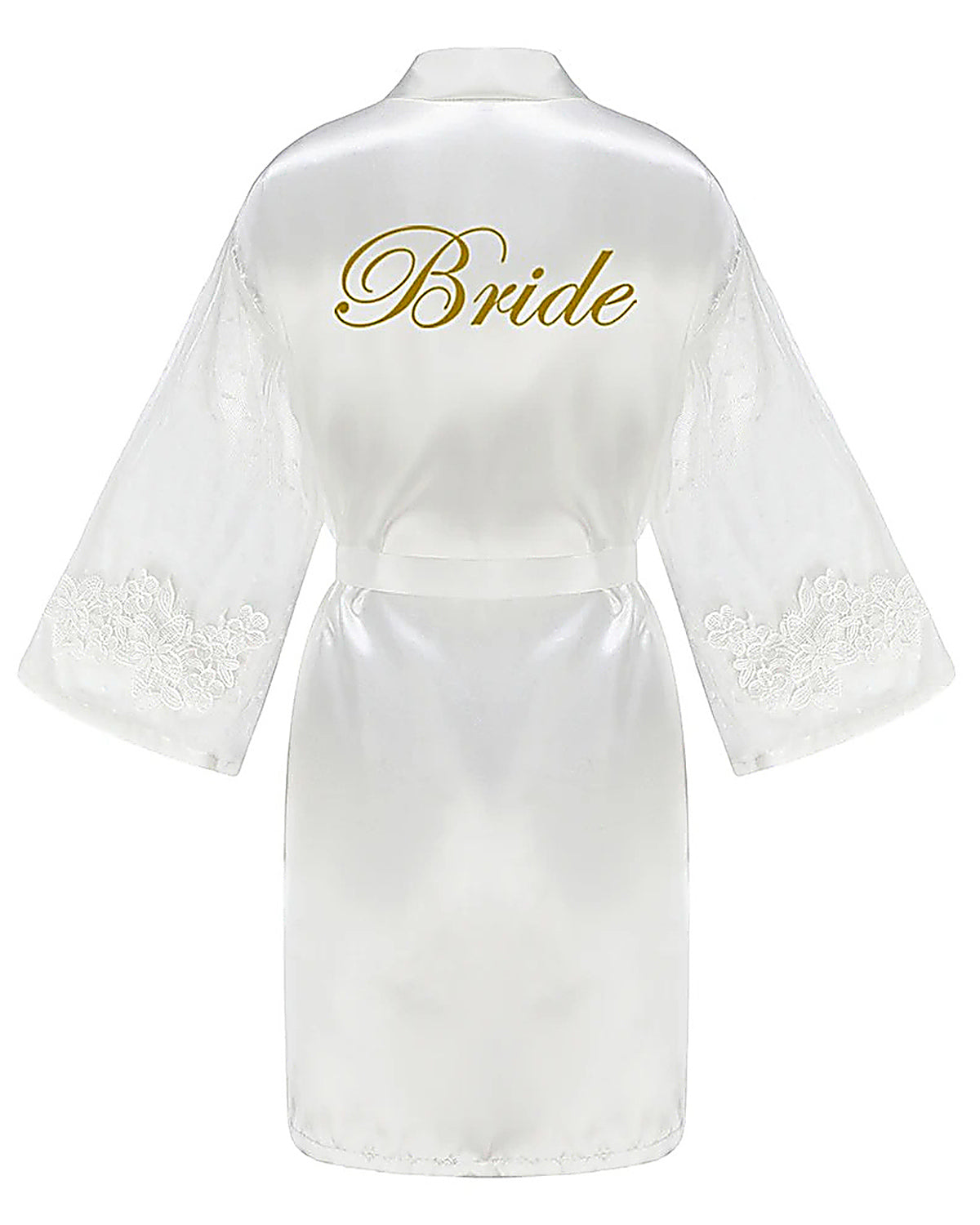 Dos du peignoir blanc, le mot Bride en lettres dorées, calligraphie anglaise ornée à grande boucle