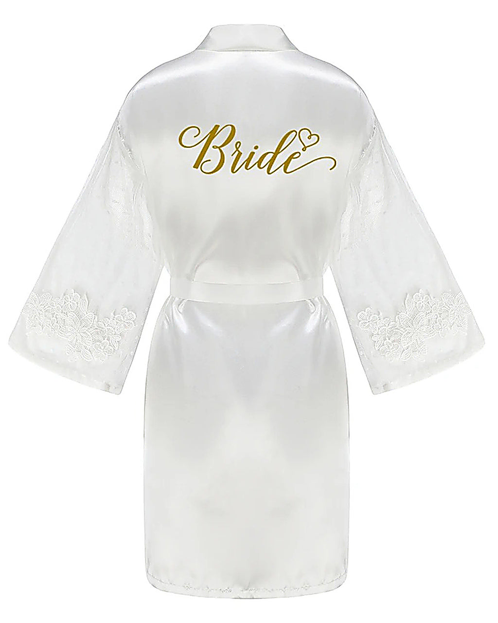 Dos du peignoir blanc, le mot Bride en lettres dorées terminé par une volute et un petit cœur