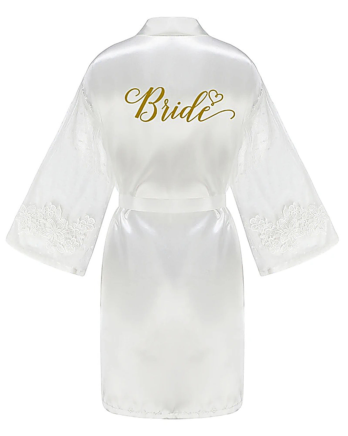 Dos du peignoir blanc, le mot Bride en lettres dorées terminé par une volute et un petit cœur