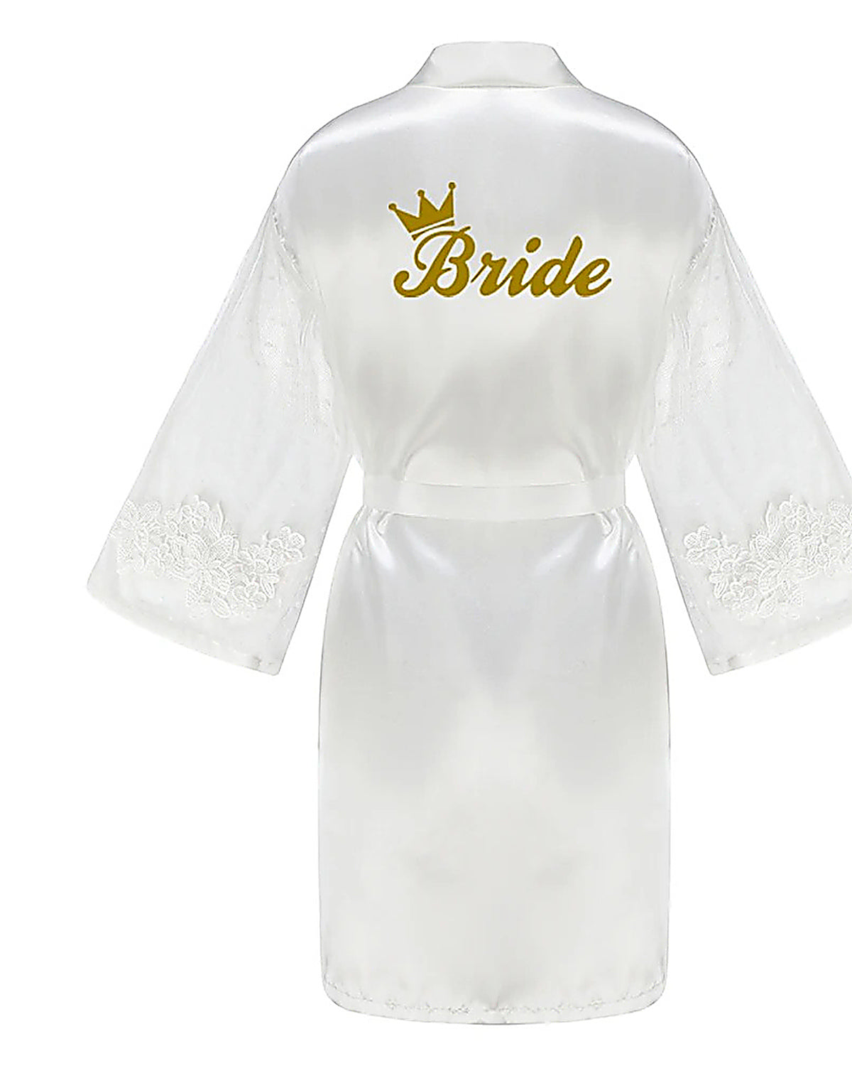 Dos du peignoir blanc, le mot Bride en lettres dorées surmonté d’une petite couronne