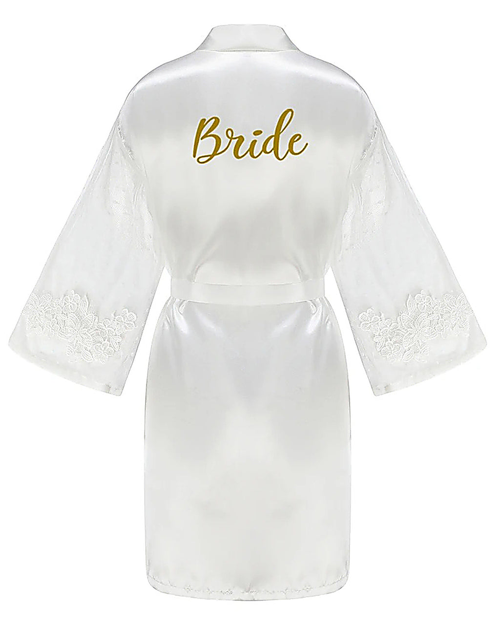 Dos du peignoir blanc, le mot Bride en lettres dorées, écriture manuscrite fine