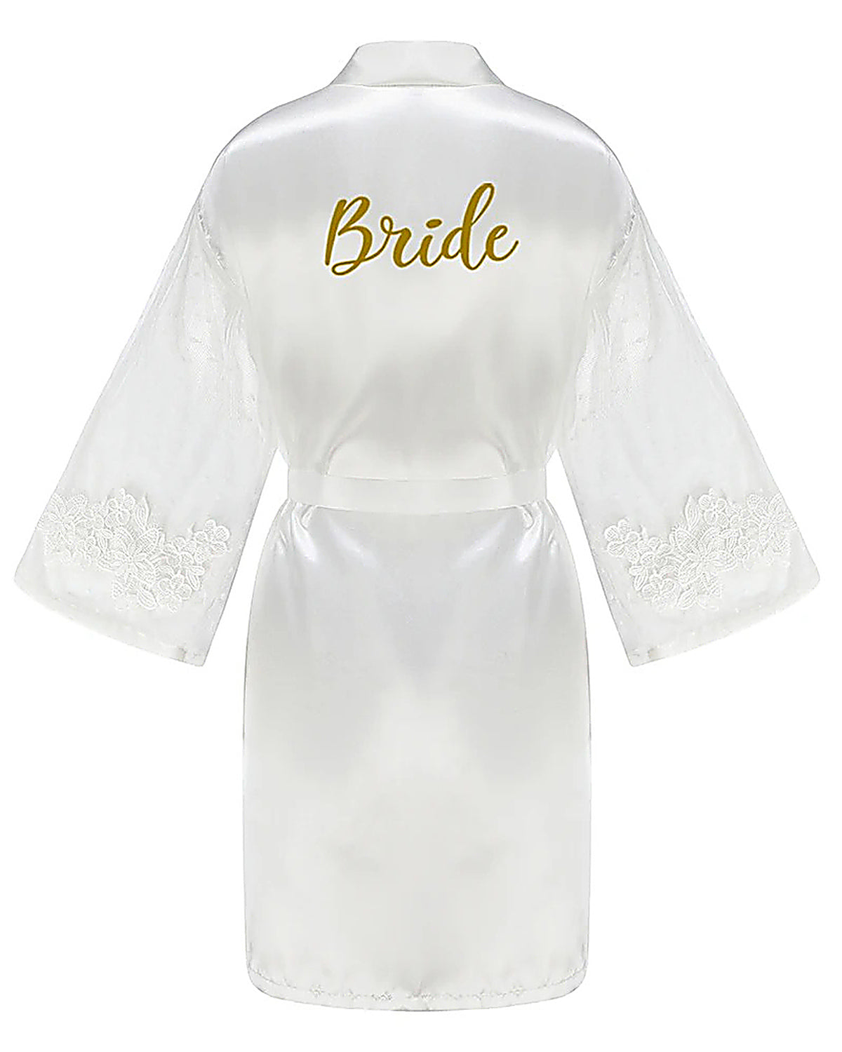 Dos du peignoir blanc, le mot Bride en lettres dorées, écriture manuscrite fine