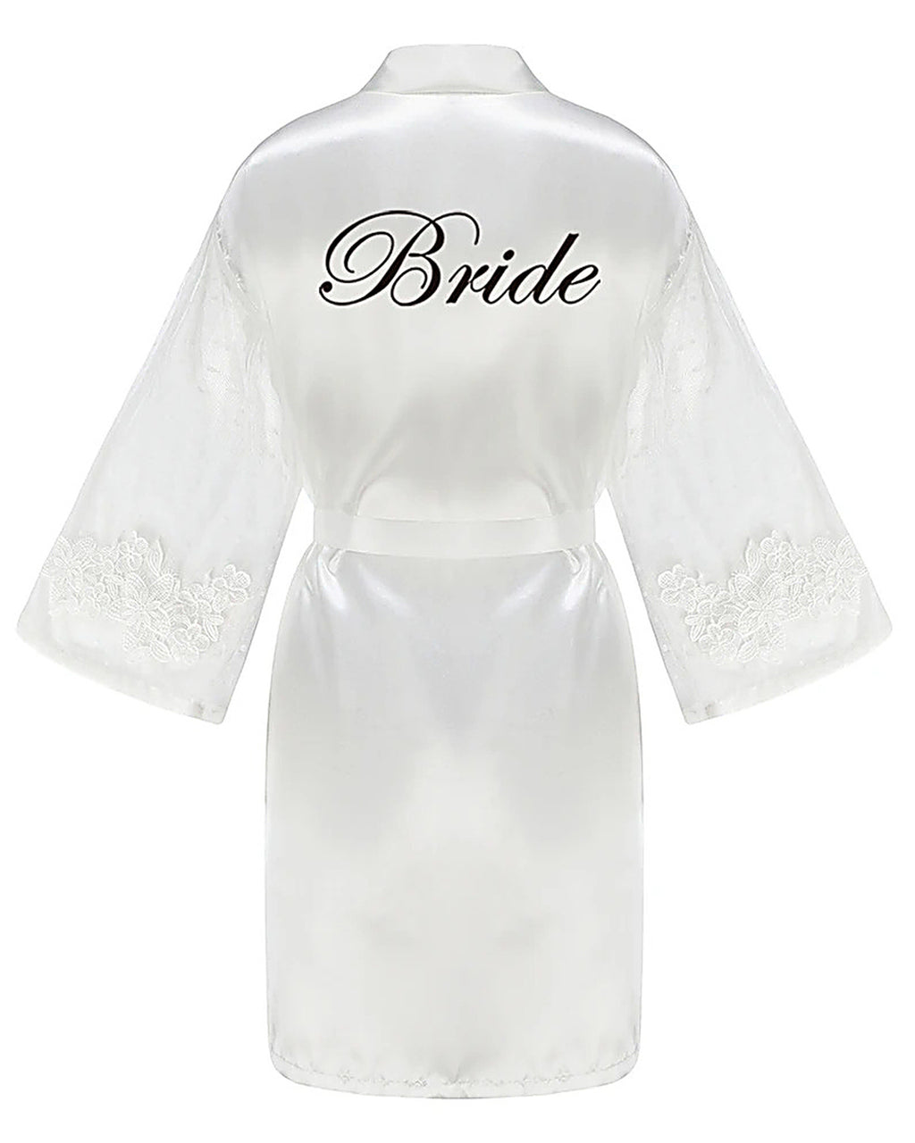 Dos du peignoir blanc, le mot Bride en lettres noires, calligraphie ornée à grande boucle