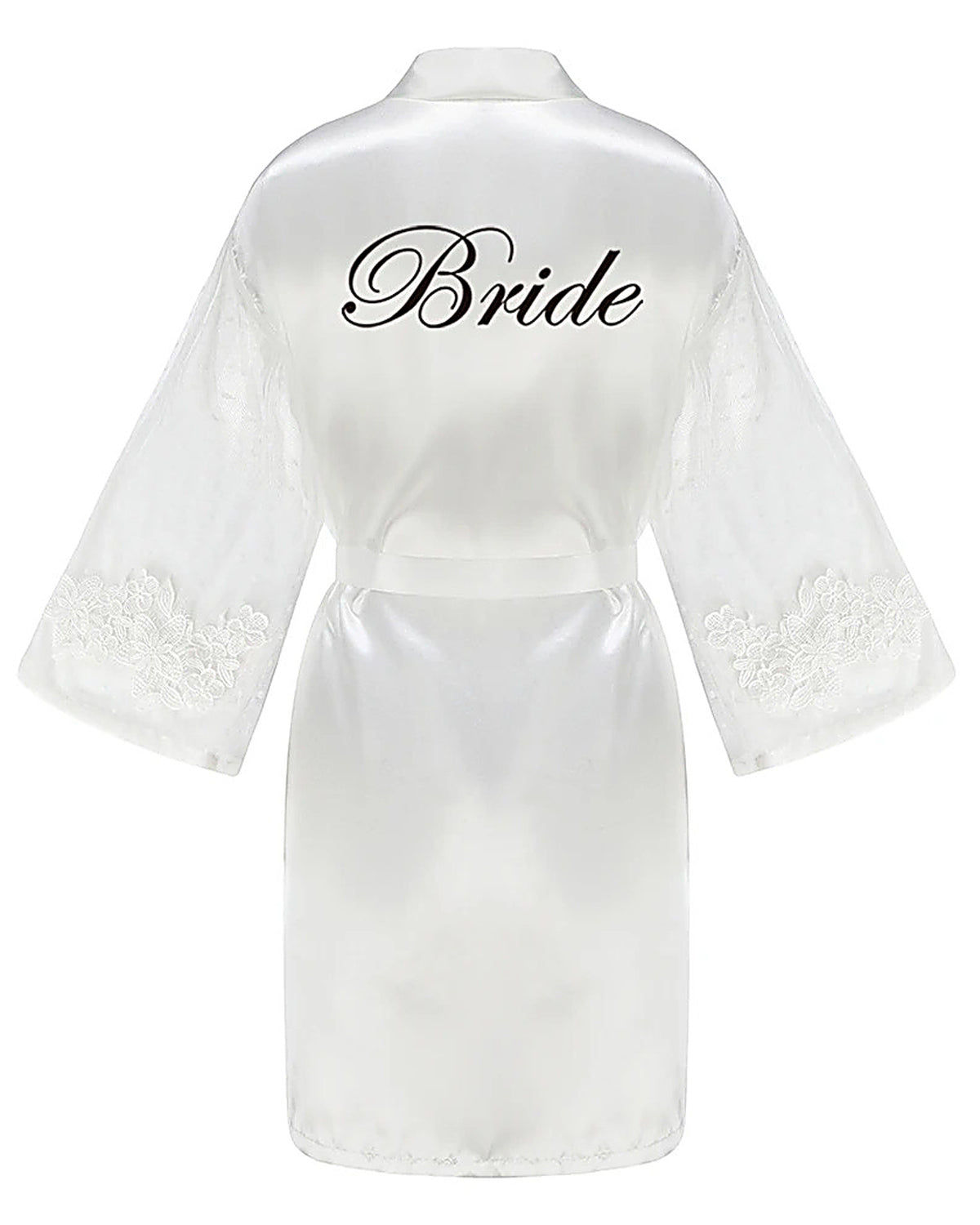 Dos du peignoir blanc, le mot Bride en lettres noires, calligraphie ornée à grande boucle