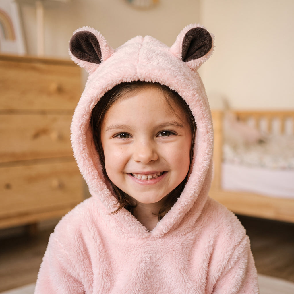 Gros plan sur la capuche a oreilles doublees de brun de l ensemble polaire rose