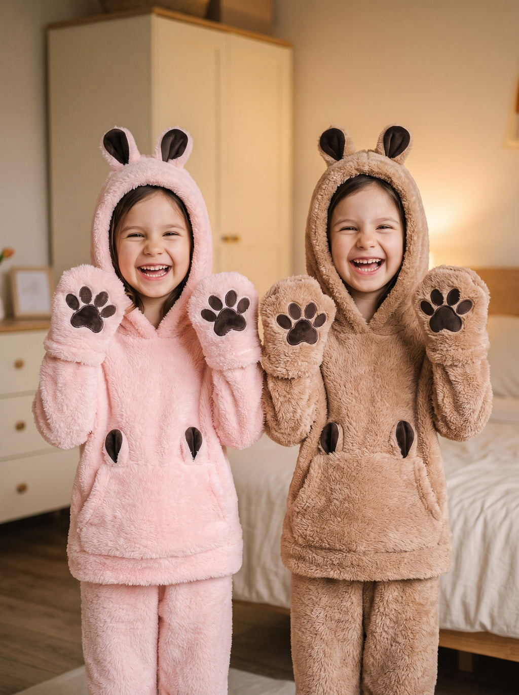 Deux petites filles portant l ensemble polaire a capuche d ourson, rose et camel