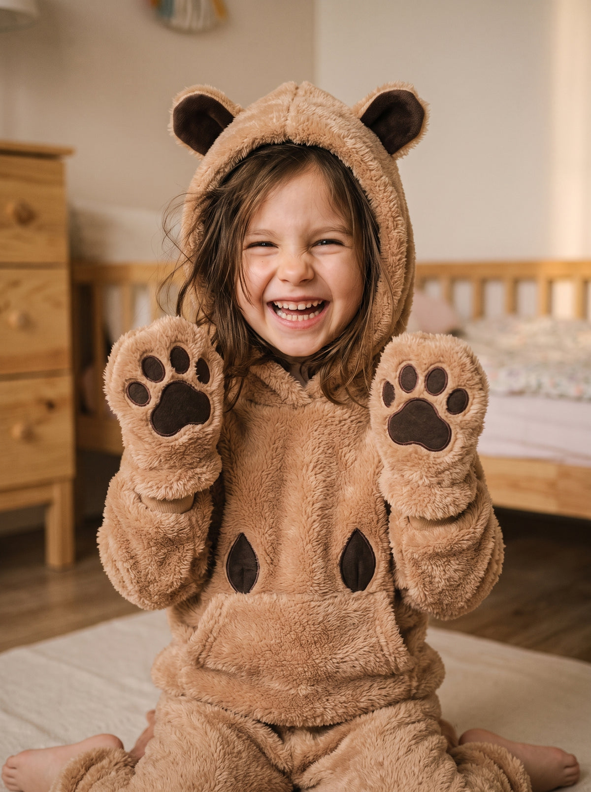 Petite fille portant l ensemble polaire camel a capuche d ourson, moufles a pattes