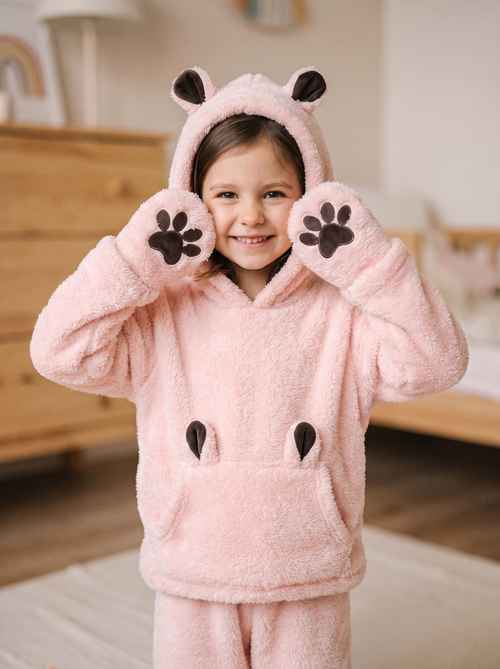 Petite fille portant l ensemble polaire rose a capuche d ourson, moufles a pattes