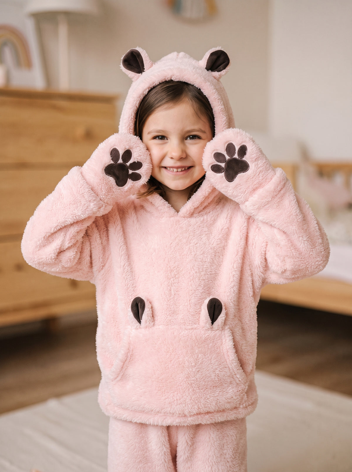 Petite fille portant l ensemble polaire rose a capuche d ourson, moufles a pattes