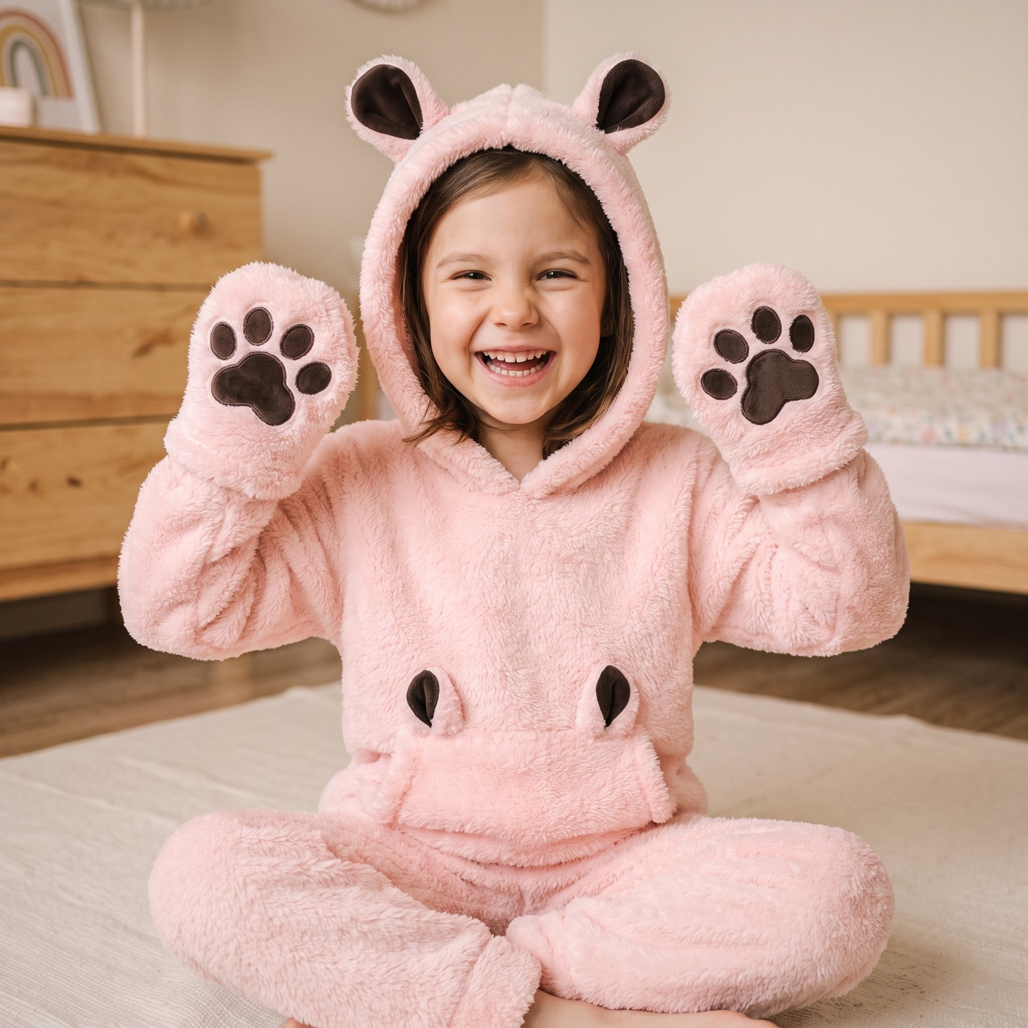 Petite fille rabattant la capuche a oreilles d ourson sur sa tete en riant Image