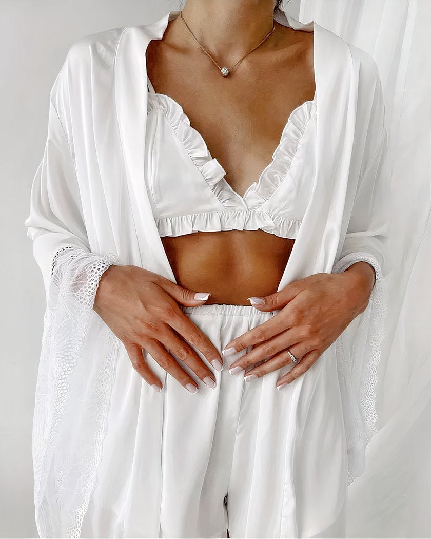 Ensemble Nuisette et Kimono Blanc en Dentelle de Soie