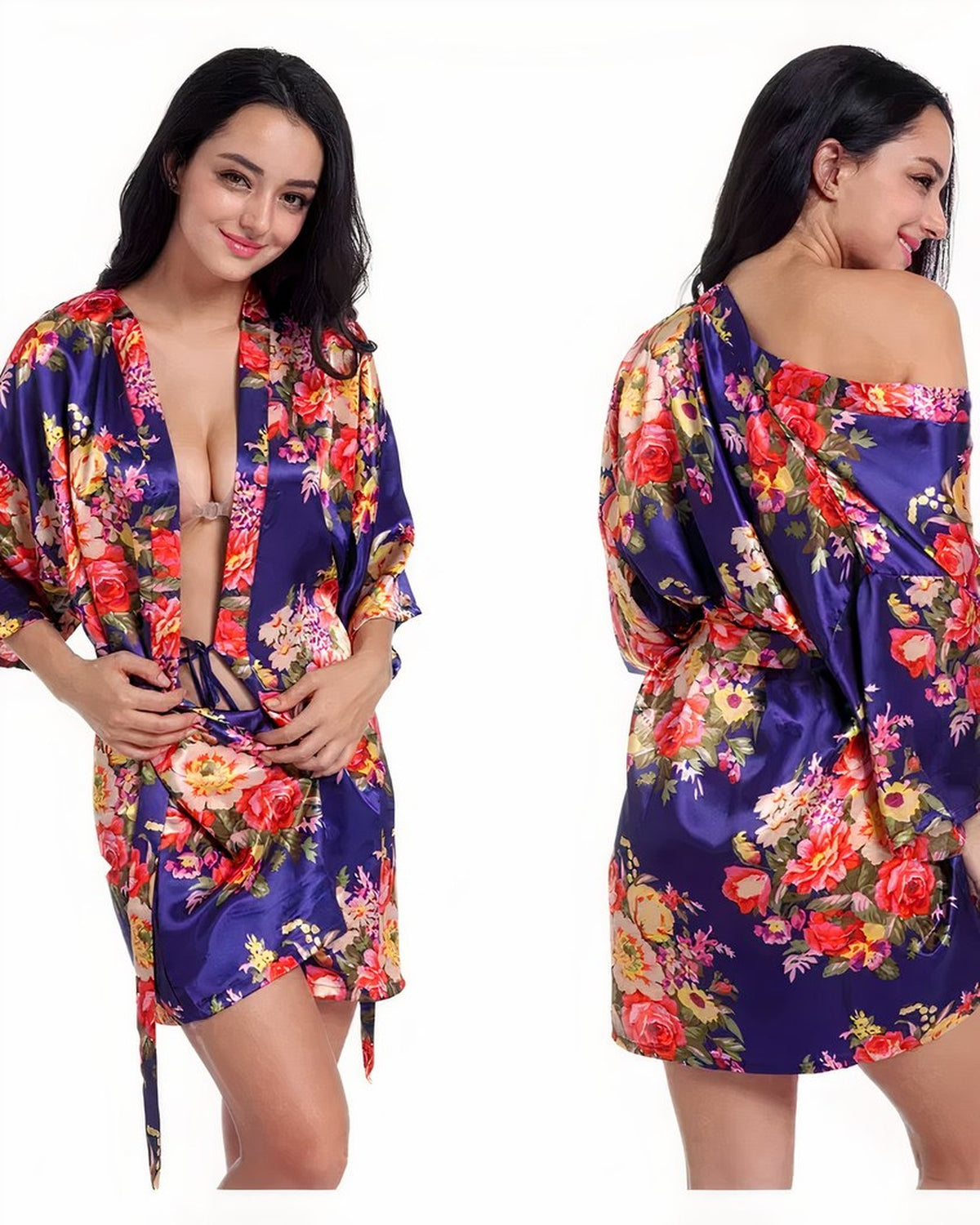 Nuisette bleue a imprime floral, encolure plongeante