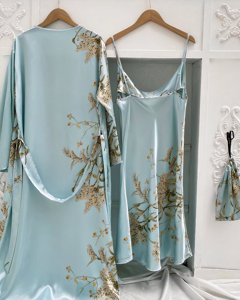 Ensemble nuisette et kimono satin bleu floral