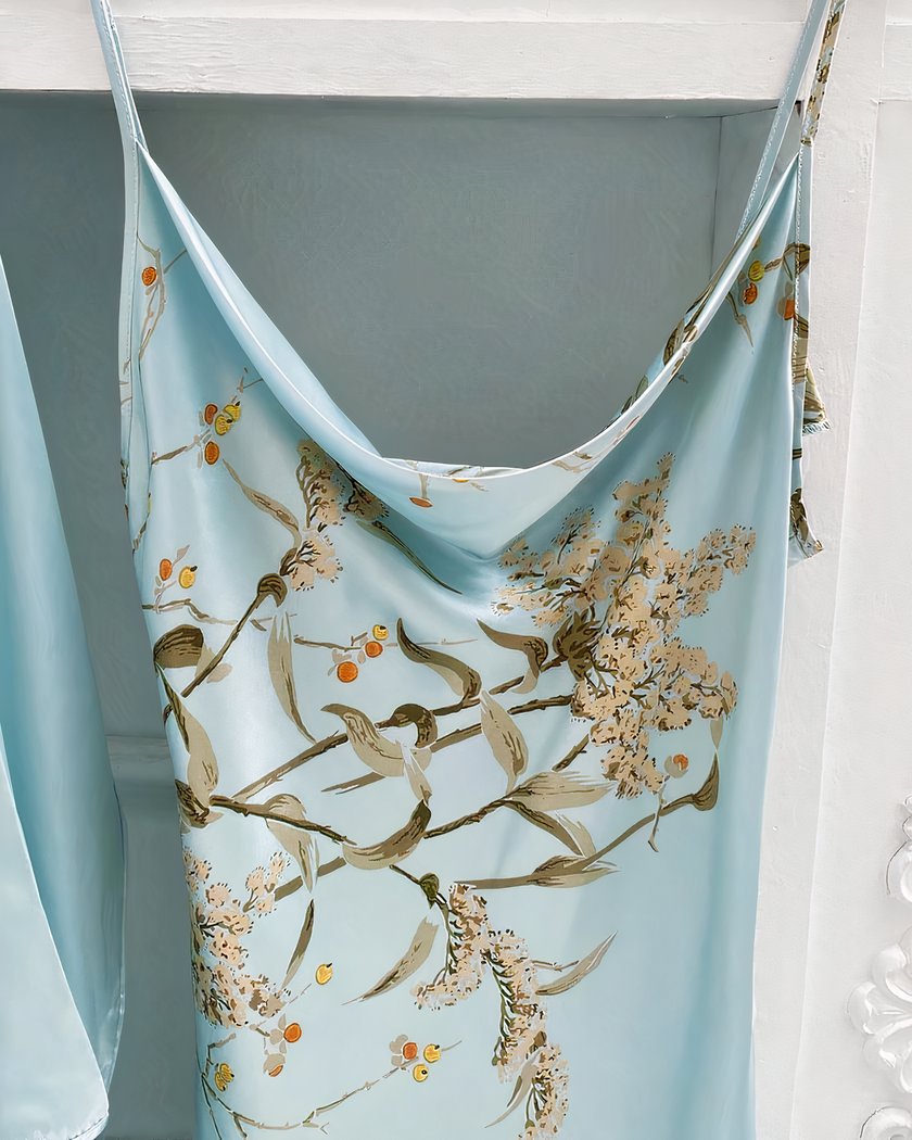 Ensemble nuisette et kimono satin bleu floral