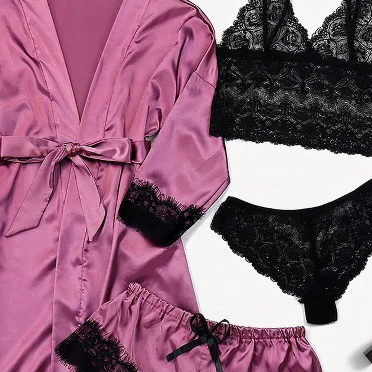 Haut, short et culotte assortis de l’ensemble lingerie rose mauve et noir Image