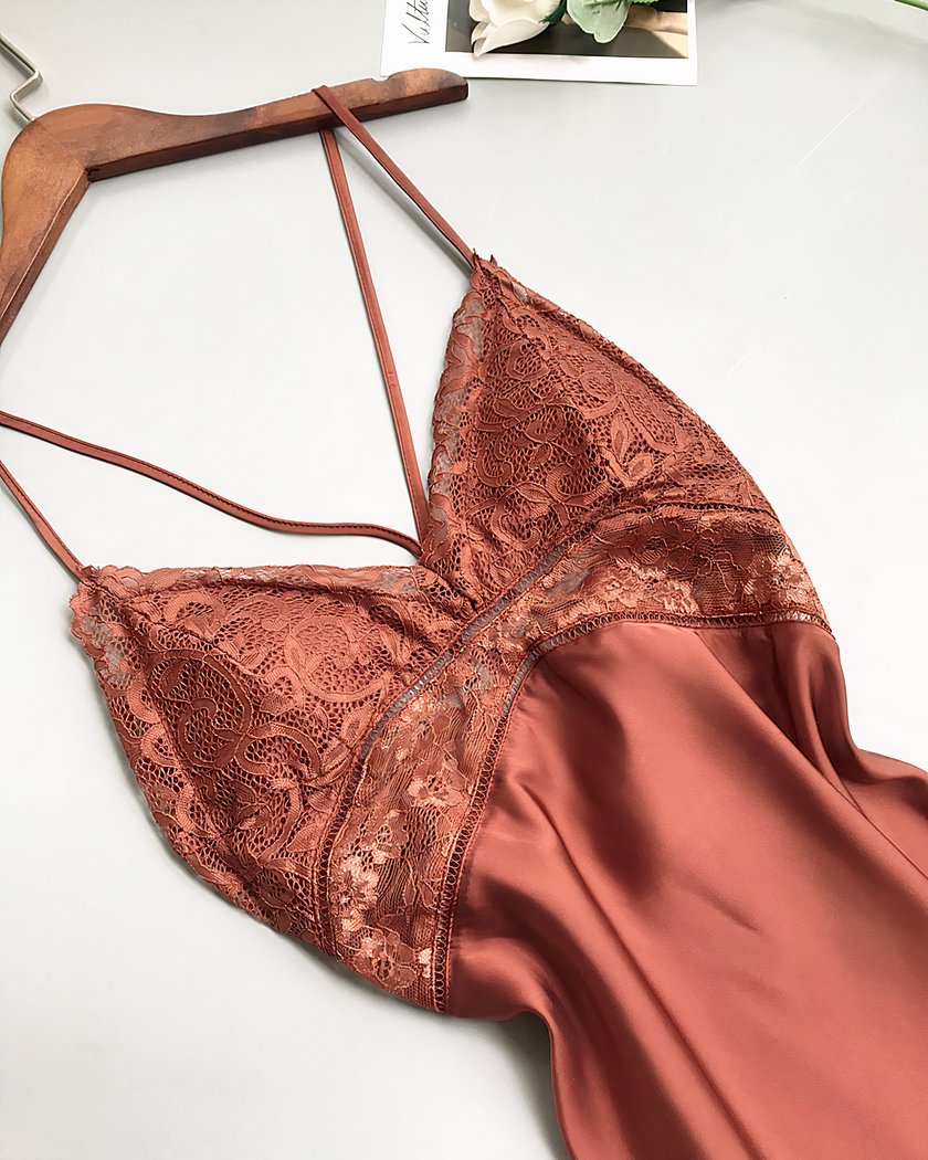 Ensemble nuisette et kimono satin terracotta et dentelle