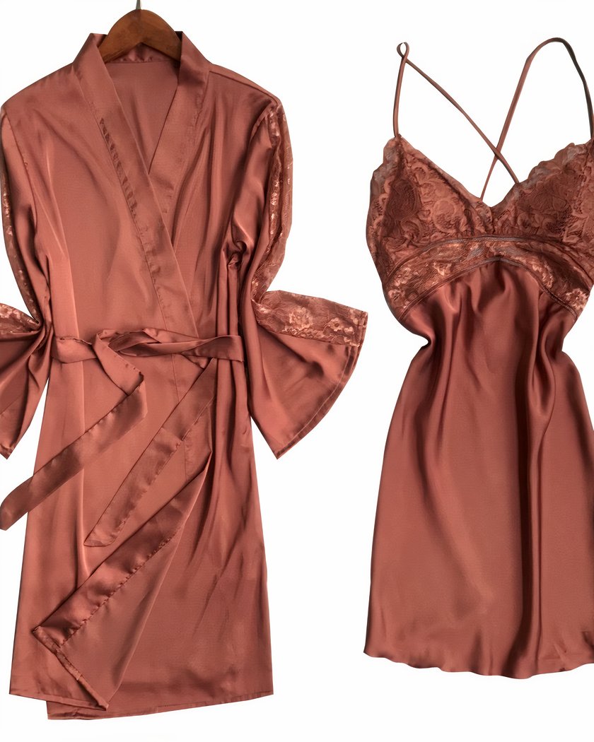 Ensemble nuisette et kimono satin terracotta et dentelle