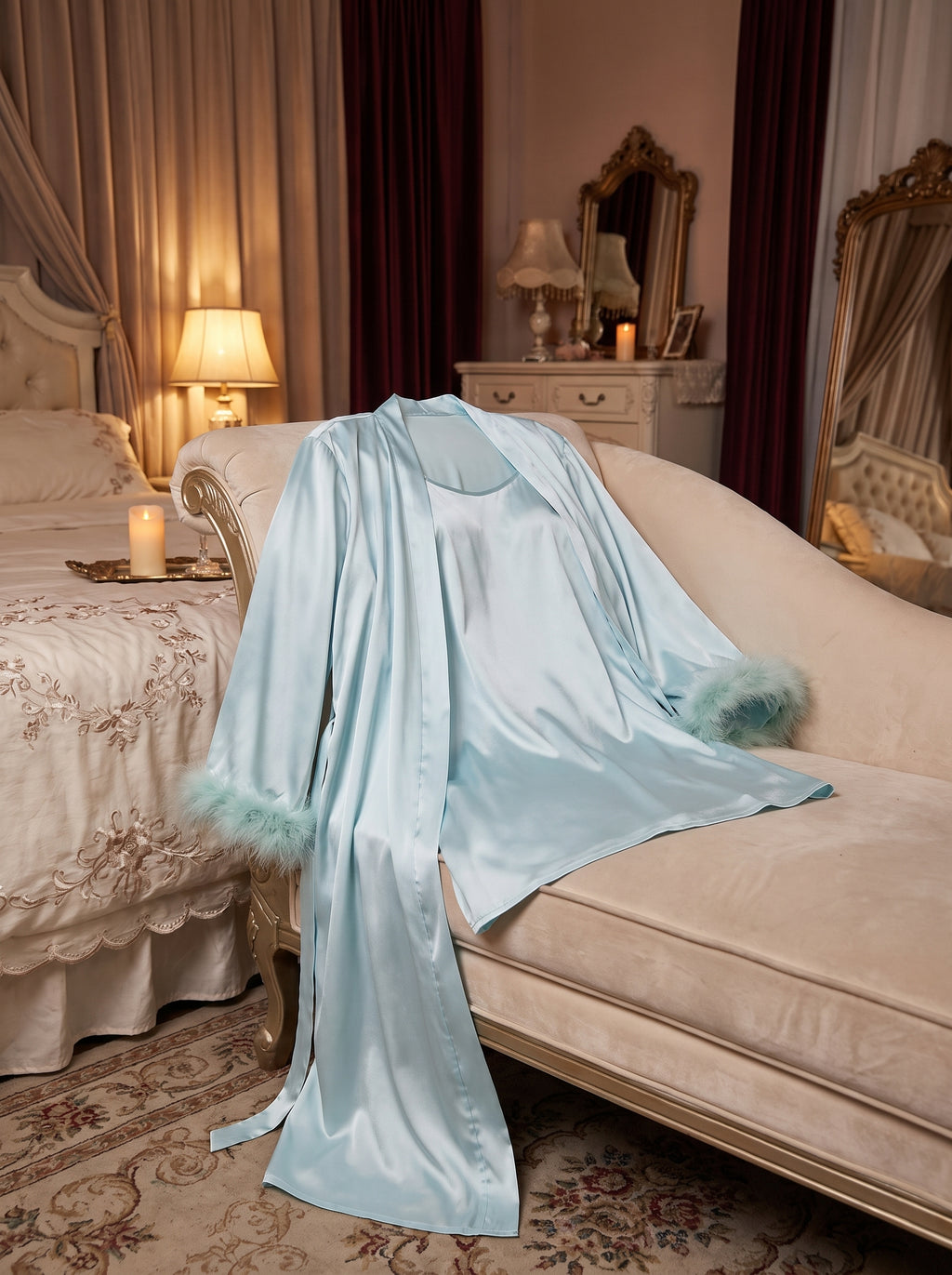 Ensemble nuisette et kimono en satin bleu ciel posé dans un décor boudoir