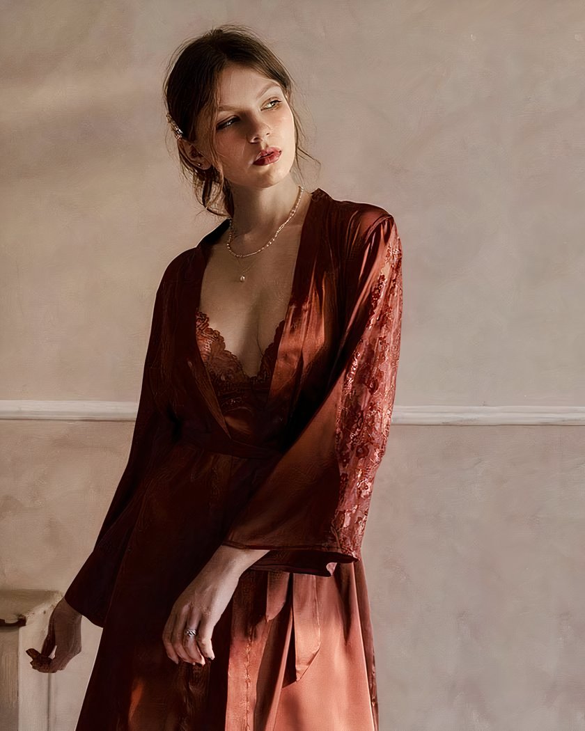Ensemble nuisette et kimono satin caramel dentelle