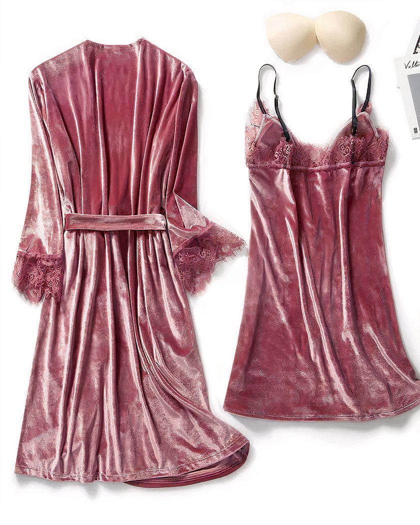 Ensemble Nuisette et Kimono en Velours Vieux Rose